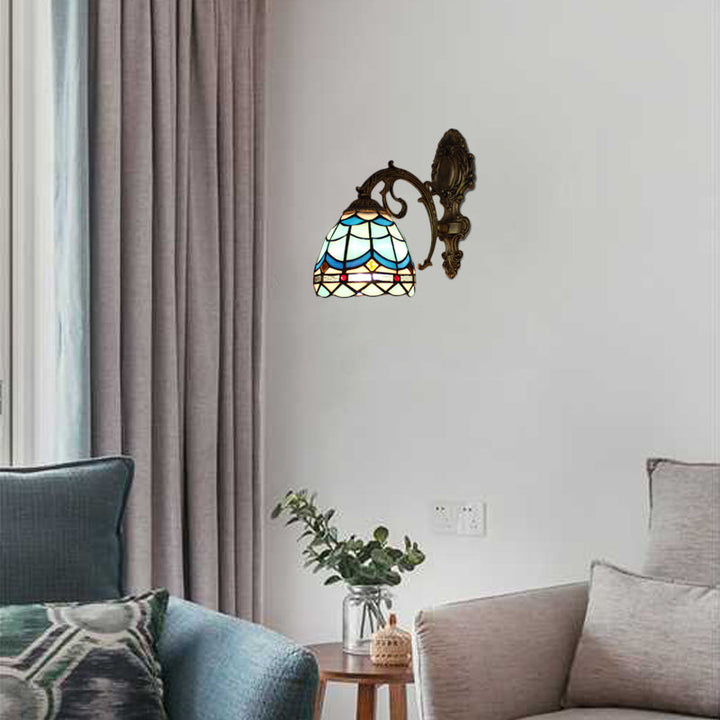 Lisslune | Mini Wall Mount Light Baroque Style Stained Glass 1 Light Wall Lamp with Curved Arm for Living Room