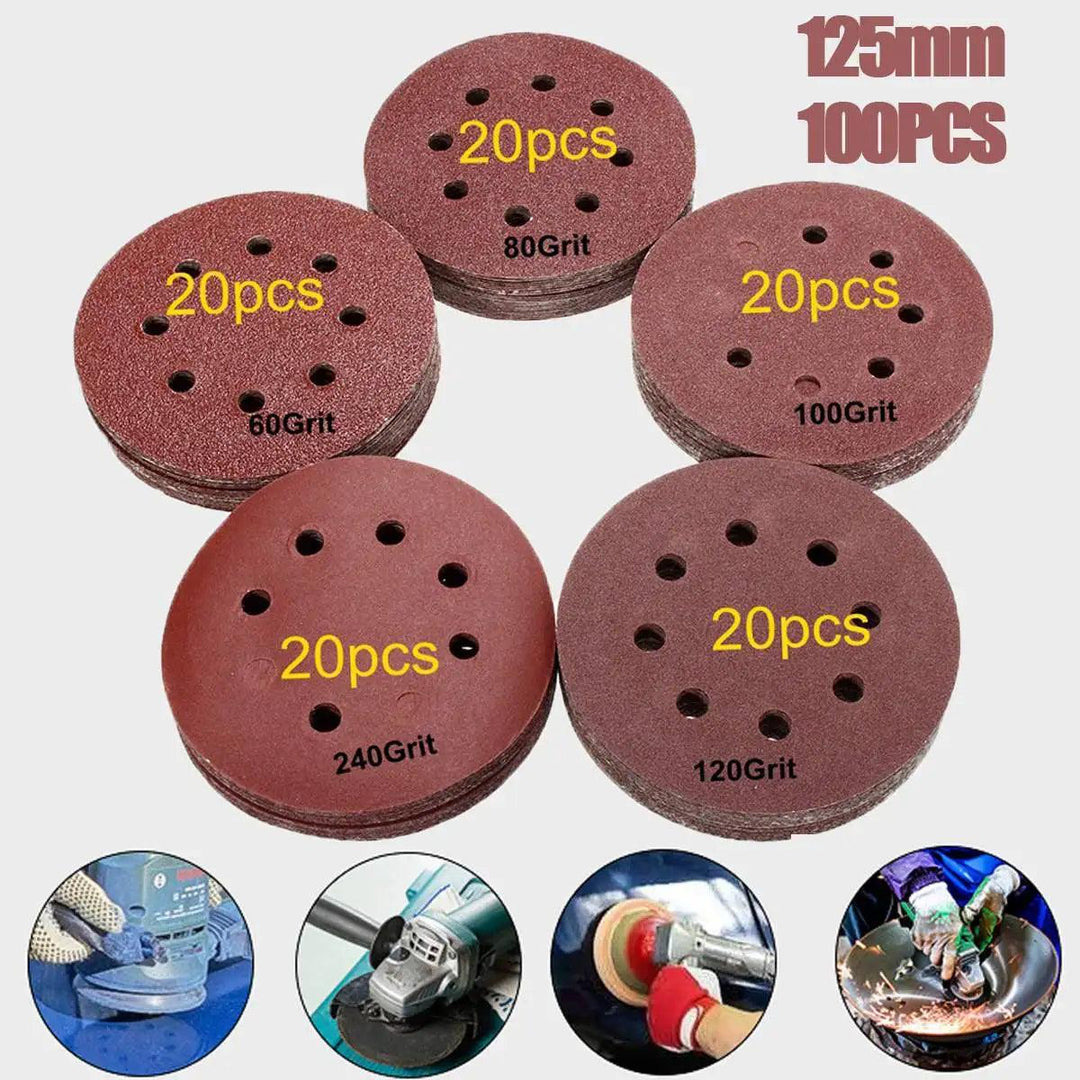 Lisslune | 125mm Premium Sanding Disc Set - 100 mixed grits with 8-hole design for polishing and buffing