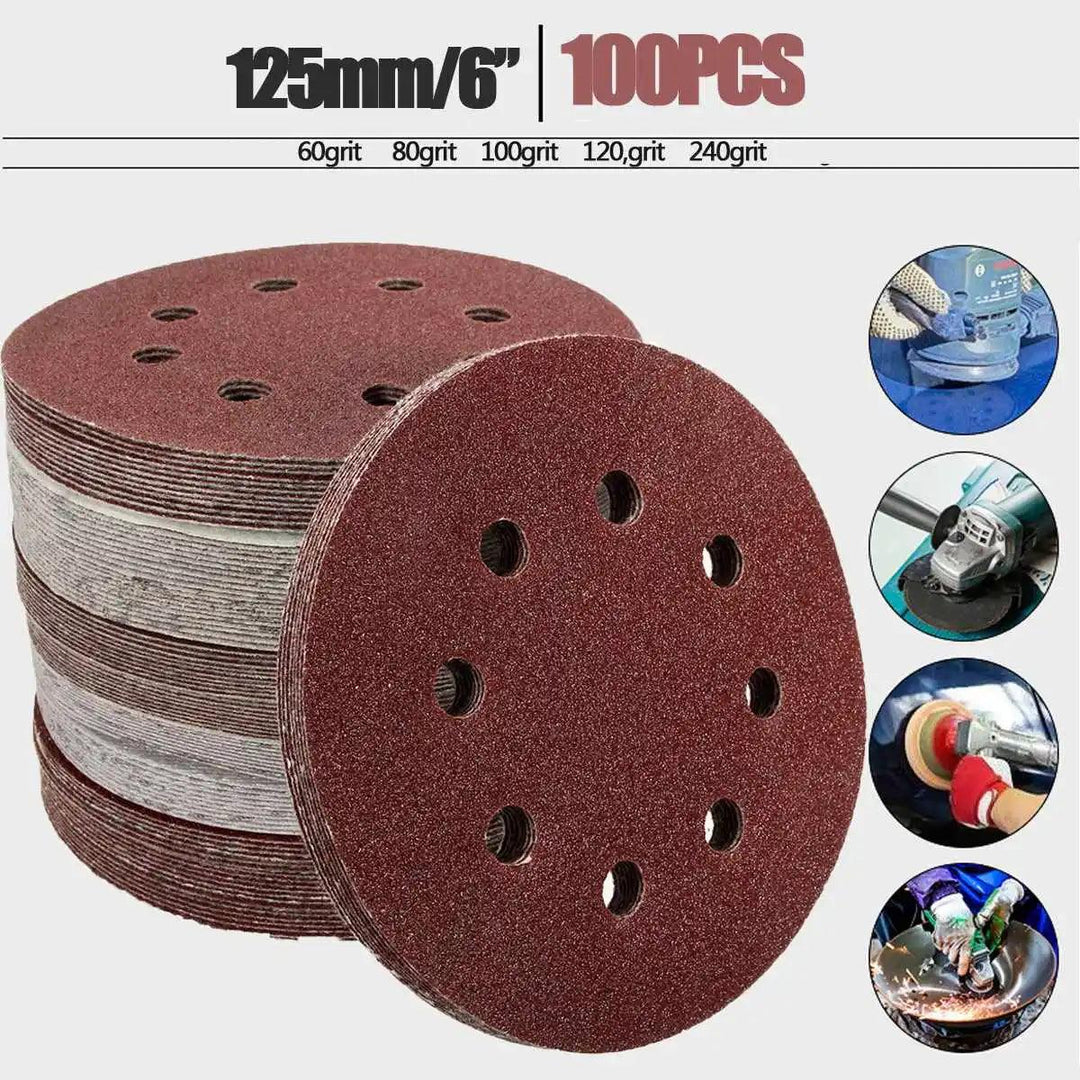 Lisslune | 125mm Premium Sanding Disc Set - 100 mixed grits with 8-hole design for polishing and buffing