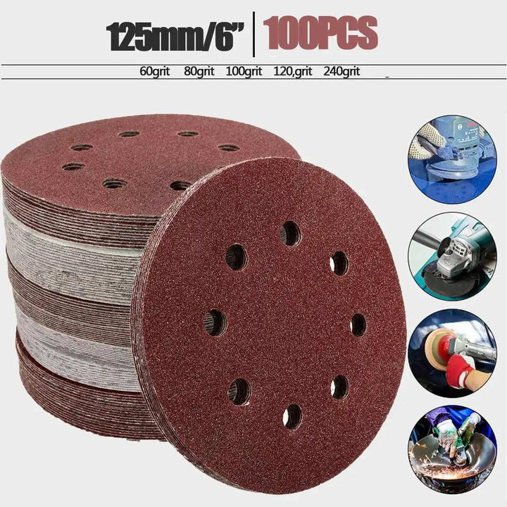 Lisslune | 125mm Premium Sanding Disc Set - 100 mixed grits with 8-hole design for polishing and buffing