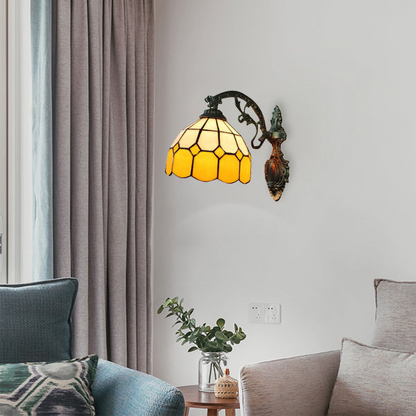 Lisslune | 1 Light Mini Wall Lamp with Curved Arm Yellow Glass Shade Bedroom Wall Lighting