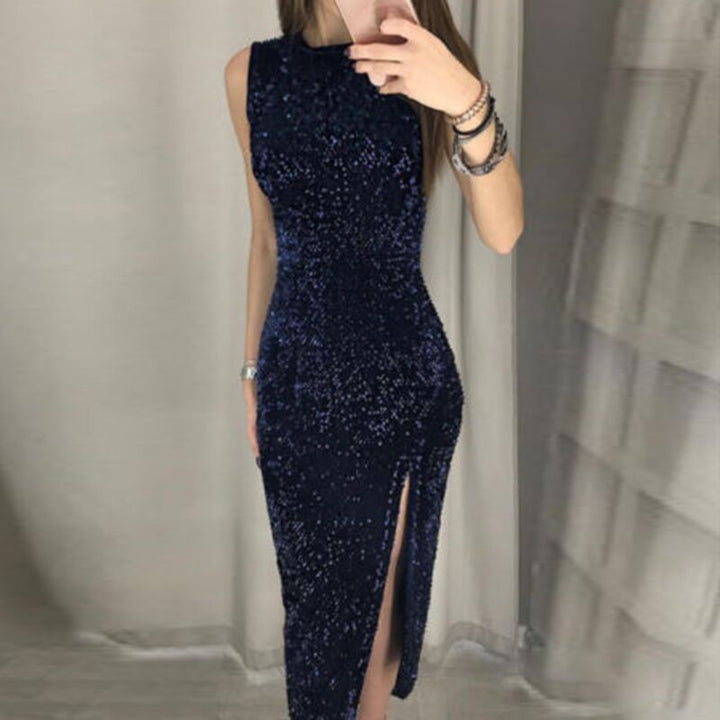 Women's Elegant Party Dress with Sparkling Sequin Trim and High Slit Lisslune