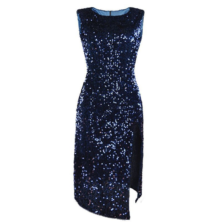 Women's Elegant Party Dress with Sparkling Sequin Trim and High Slit Lisslune