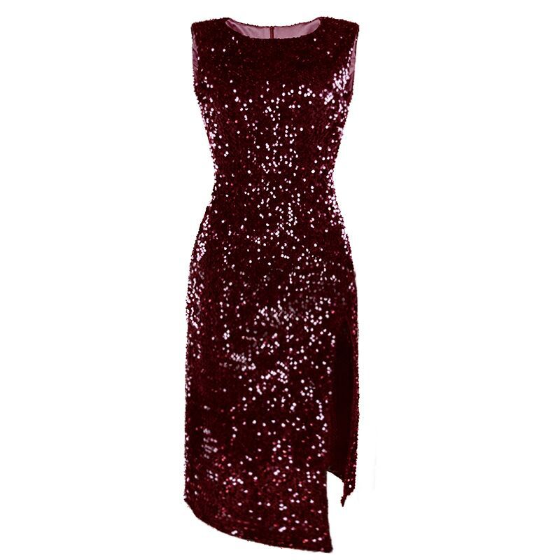 Women's Elegant Party Dress with Sparkling Sequin Trim and High Slit Lisslune