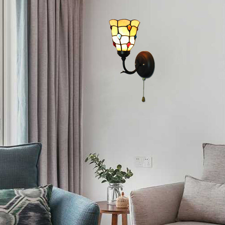 Lisslune | Glazed Glass Peacock Wall Lamp with Colorful Bead Bowl 1 Light Tiffany Wall Lamp in Beige