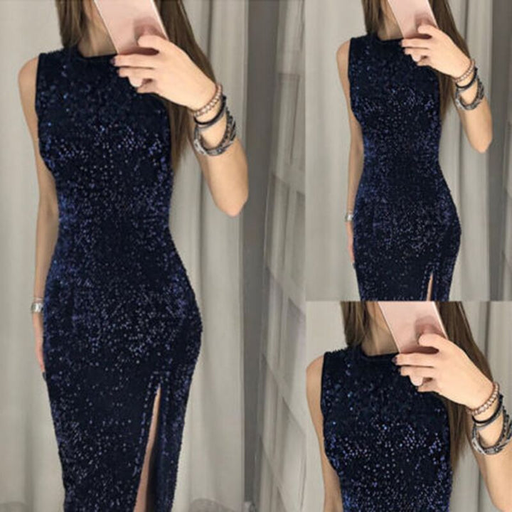 Women's Elegant Party Dress with Sparkling Sequin Trim and High Slit Lisslune