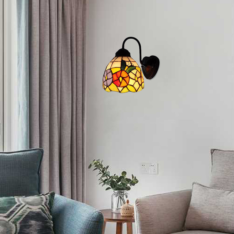 Skørter | Black Dome Wall Lamp Victorian 1 Head Multicolor Stained Glass Wall Light with Flower/Dragonfly Pattern