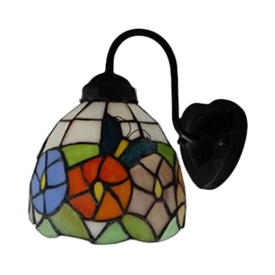 Skørter | Black Dome Wall Lamp Victorian 1 Head Multicolor Stained Glass Wall Light with Flower/Dragonfly Pattern