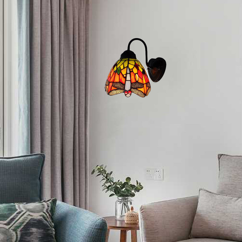 Skørter | Black Dome Wall Lamp Victorian 1 Head Multicolor Stained Glass Wall Light with Flower/Dragonfly Pattern