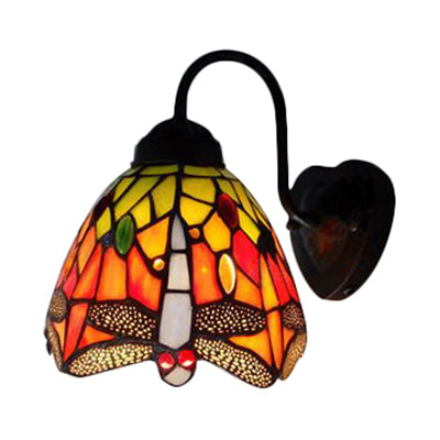 Skørter | Black Dome Wall Lamp Victorian 1 Head Multicolor Stained Glass Wall Light with Flower/Dragonfly Pattern