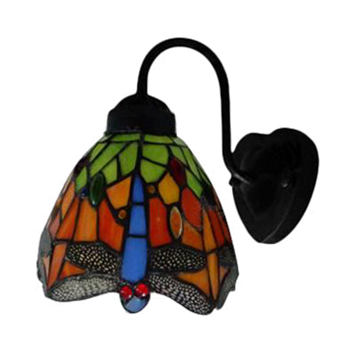 Skørter | Black Dome Wall Lamp Victorian 1 Head Multicolor Stained Glass Wall Light with Flower/Dragonfly Pattern