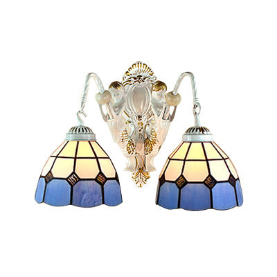 Lisslune | White 2 Heads Wall Light Tiffany White-Blue Glass Grid Pattern Wall Mount Light