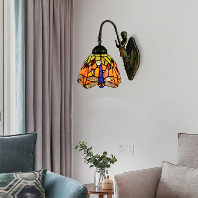 Lisslune | Orange Dome Wall Lamp Baroque 1 Head Stained Glass Wall Lighting with Dragonfly Pattern