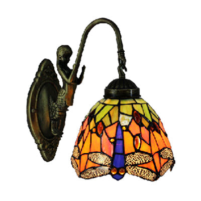 Lisslune | Orange Dome Wall Lamp Baroque 1 Head Stained Glass Wall Lighting with Dragonfly Pattern