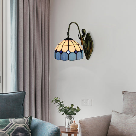 Lisslune | Blue Dome Light Mediterranean 1 Head White Glass Wall Mount Light with Mermaid Decoration