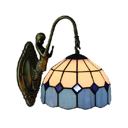 Lisslune | Blue Dome Light Mediterranean 1 Head White Glass Wall Mount Light with Mermaid Decoration