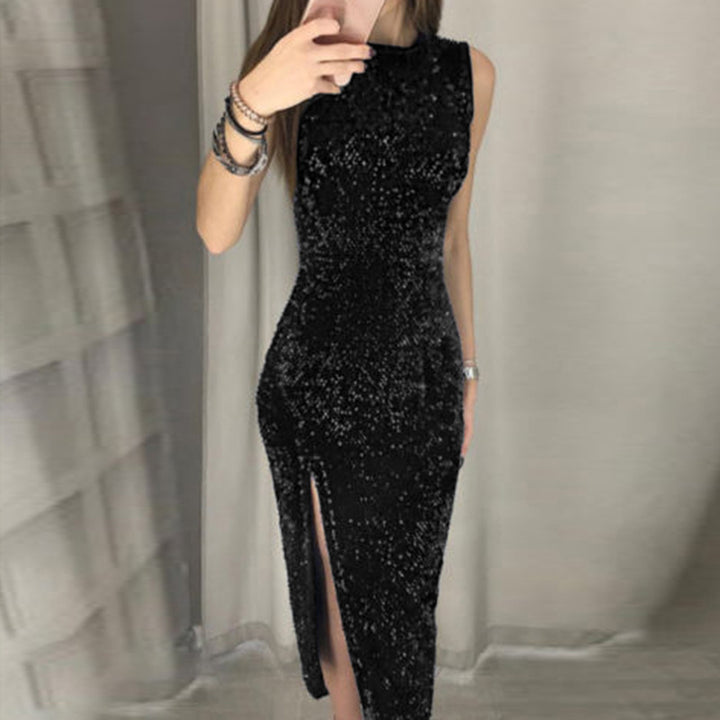 Women's Elegant Party Dress with Sparkling Sequin Trim and High Slit Lisslune