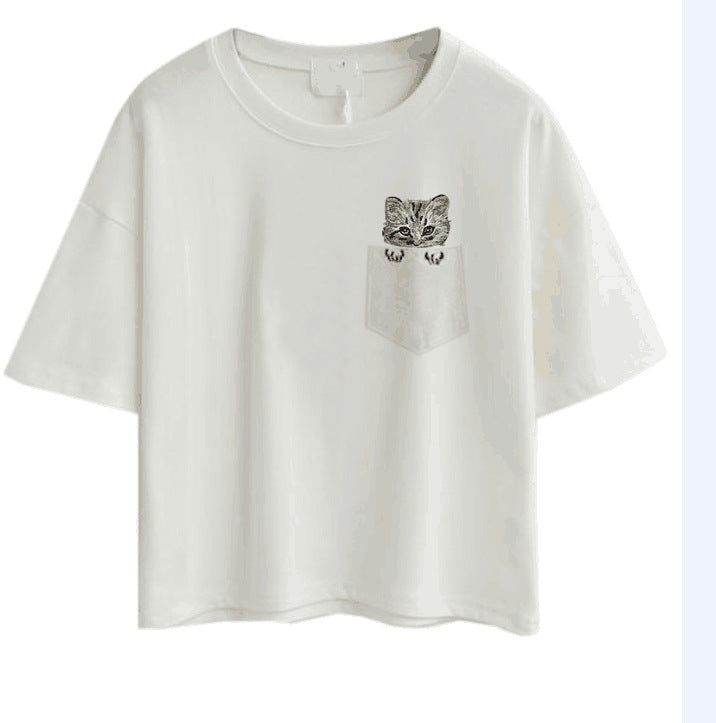 Women's casual T-shirt with cute cat and plant design Lisslune