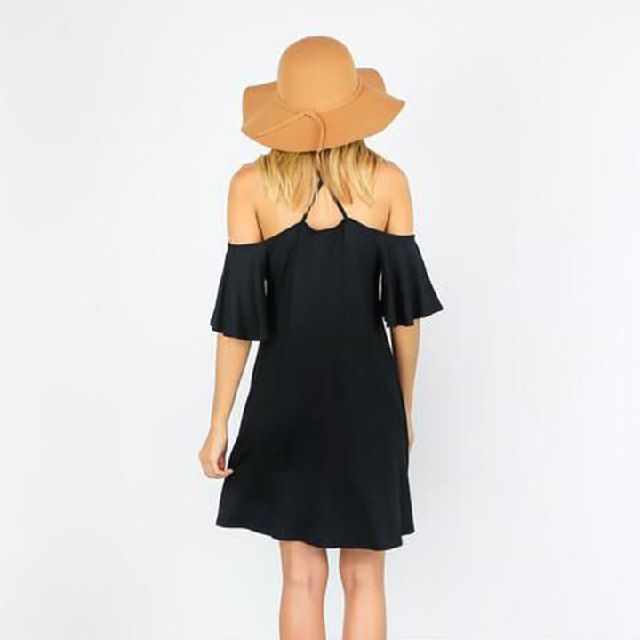 Women's summer dress with off-the-shoulder look and flowing cut