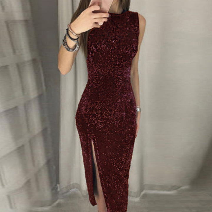 Women's Elegant Party Dress with Sparkling Sequin Trim and High Slit Lisslune