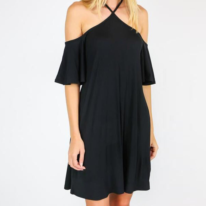 Women's summer dress with off-the-shoulder look and flowing cut