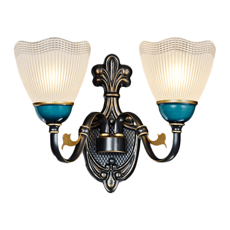 Skørter | 1/2-Head Scalloped Pleated Wall Lamp Traditional Black Ribbed Glass Wall Lamp with Curved Arm