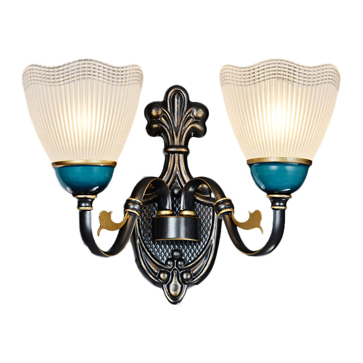Skørter | 1/2-Head Scalloped Pleated Wall Lamp Traditional Black Ribbed Glass Wall Lamp with Curved Arm