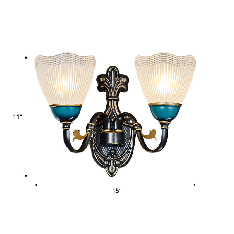 Skørter | 1/2-Head Scalloped Pleated Wall Lamp Traditional Black Ribbed Glass Wall Lamp with Curved Arm