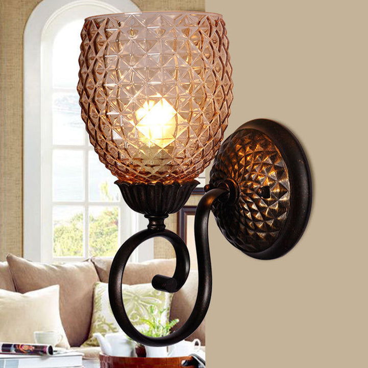 Skørter | Dome Rosten Glass Wall Lamp Classic 1-Bulb Living Room Wall Light with Curved Arm in Black