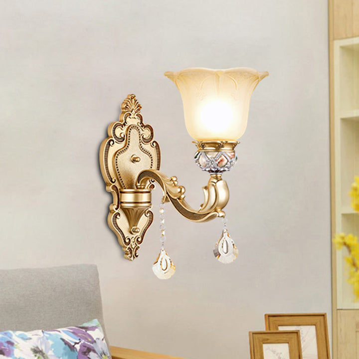 Lisslune | Bell Wall Lamp Contemporary 1-Head Faceted Crystal Finial Wall Mount Lighting in Gold