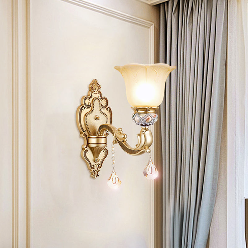 Lisslune | Bell Wall Lamp Contemporary 1-Head Faceted Crystal Finial Wall Mount Lighting in Gold