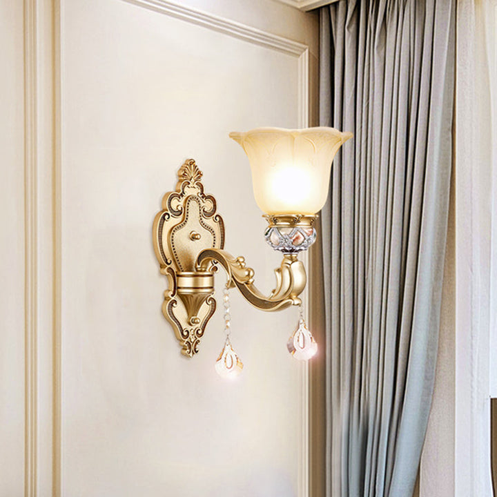 Lisslune | Bell Wall Lamp Contemporary 1-Head Faceted Crystal Finial Wall Mount Lighting in Gold