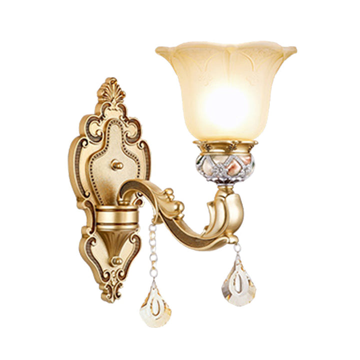 Lisslune | Bell Wall Lamp Contemporary 1-Head Faceted Crystal Finial Wall Mount Lighting in Gold