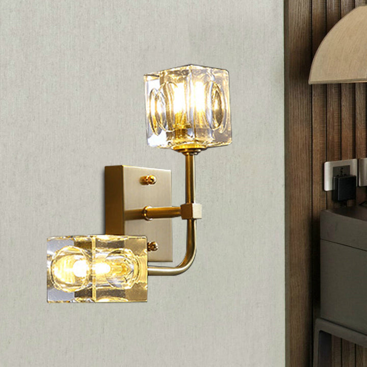 Lisslune | Cubic Living Room Wall Lamp Modernism Faceted Crystal 2-Bulb Gold Wall Light Lighting