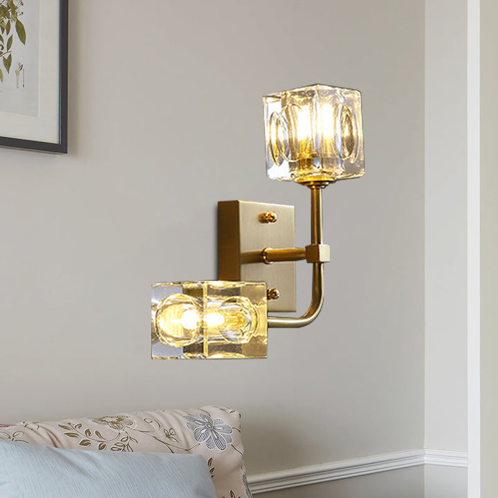 Lisslune | Cubic Living Room Wall Lamp Modernism Faceted Crystal 2-Bulb Gold Wall Light Lighting