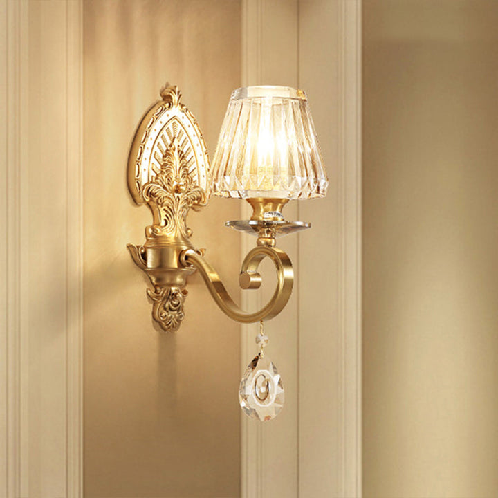 Lisslune | Prismatic Optical Crystal Cone Wall Lamp Contemporary 1-Light Bedroom Wall Lighting Idea in Gold