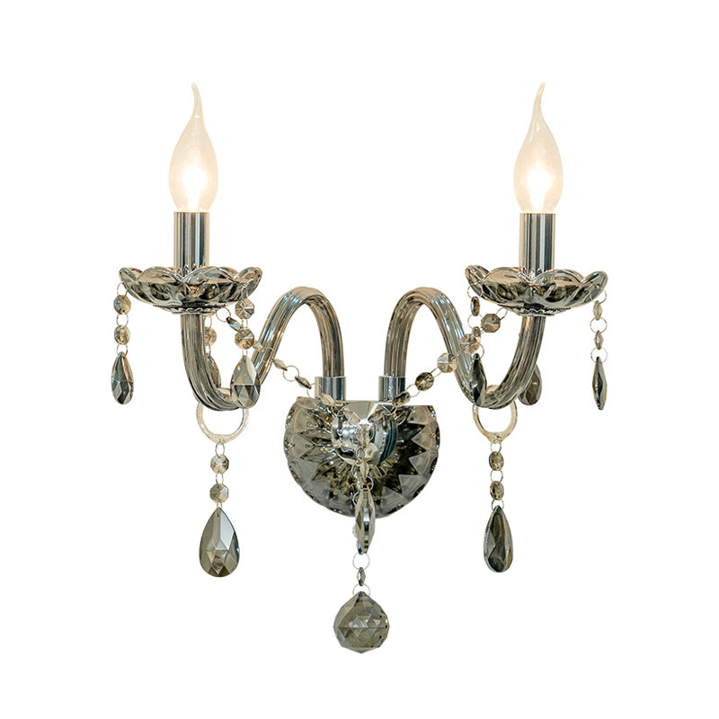 Skørter | Crystal Drop Smoky Grey Wall Lamp Candle Holder 1/2-Bulb Traditional Wall Mount Lighting