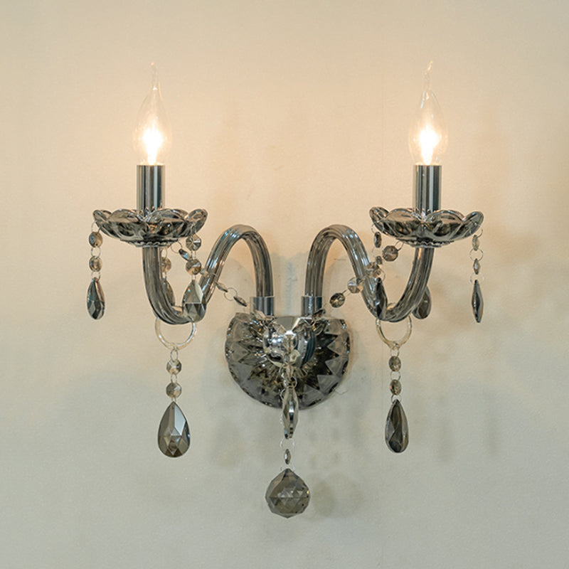 Skørter | Crystal Drop Smoky Grey Wall Lamp Candle Holder 1/2-Bulb Traditional Wall Mount Lighting