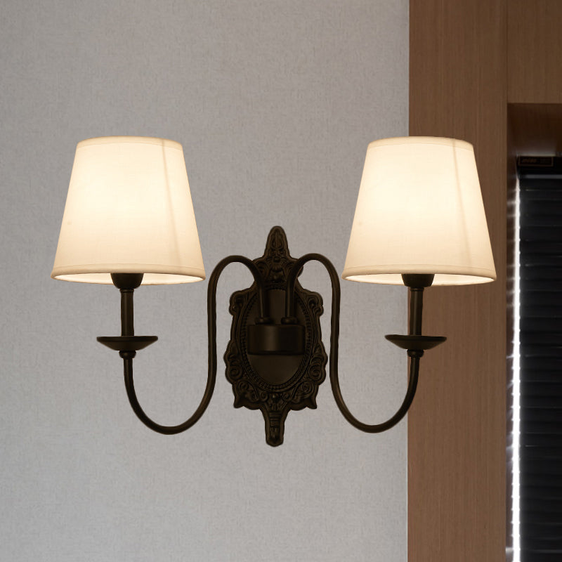 Skørter | 1/2-Head Cone Shade Wall Lamp Country White Fabric Wall Mounted Lighting with Black Wave Arm