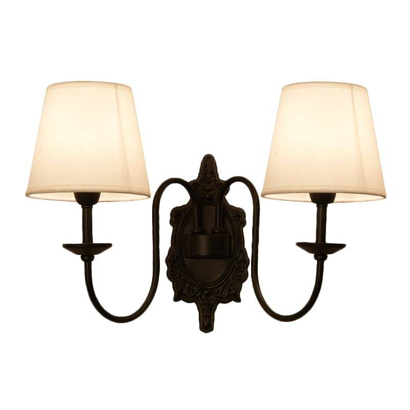 Skørter | 1/2-Head Cone Shade Wall Lamp Country White Fabric Wall Mounted Lighting with Black Wave Arm