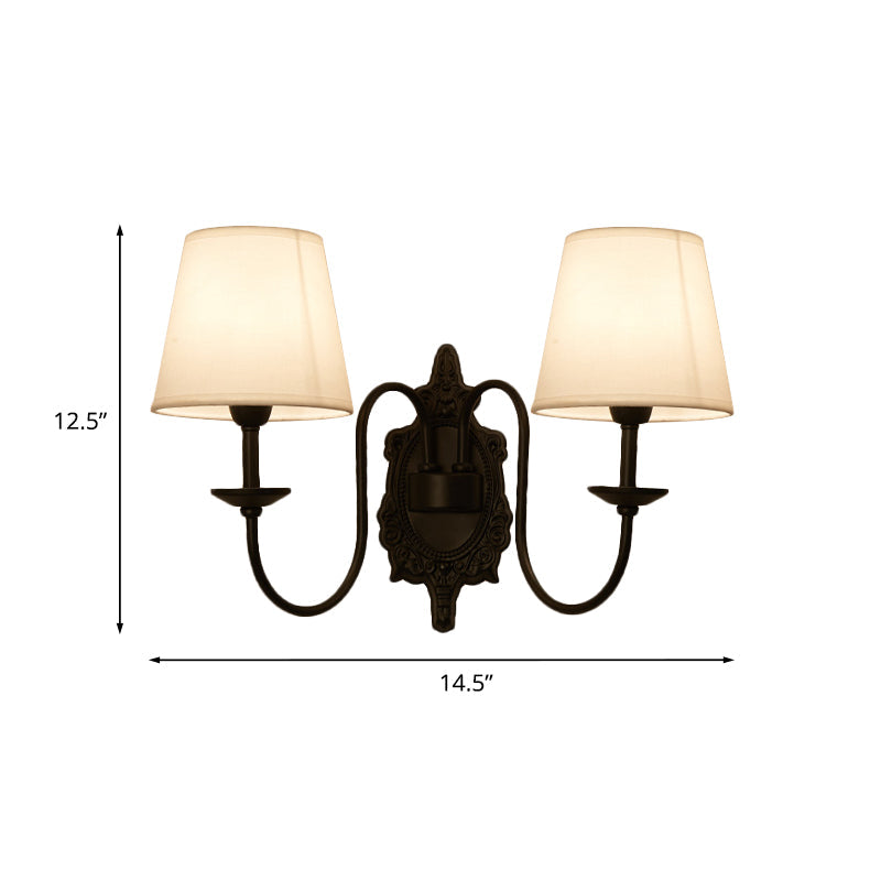 Skørter | 1/2-Head Cone Shade Wall Lamp Country White Fabric Wall Mounted Lighting with Black Wave Arm