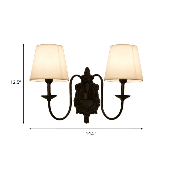 Skørter | 1/2-Head Cone Shade Wall Lamp Country White Fabric Wall Mounted Lighting with Black Wave Arm