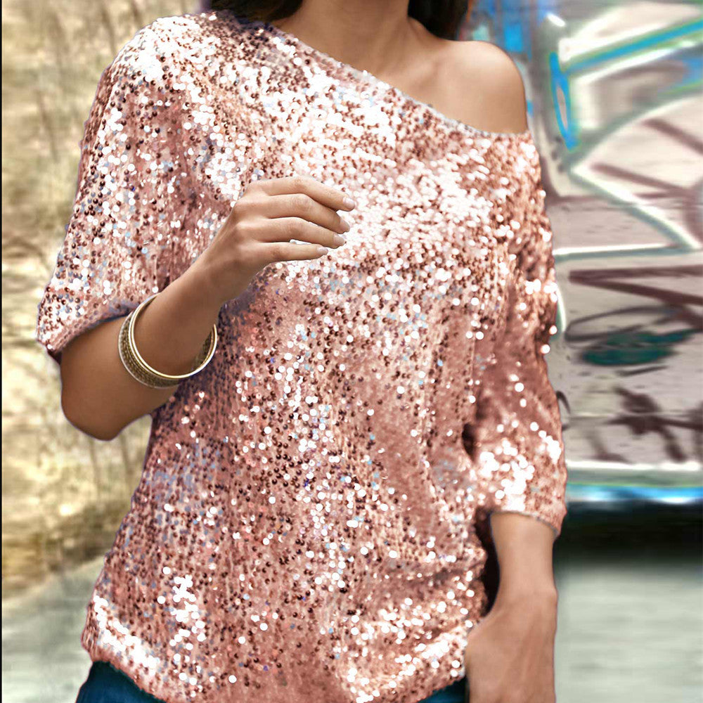 Women's Sparkling Top with Off-Shoulder Design and Sequin Trim
