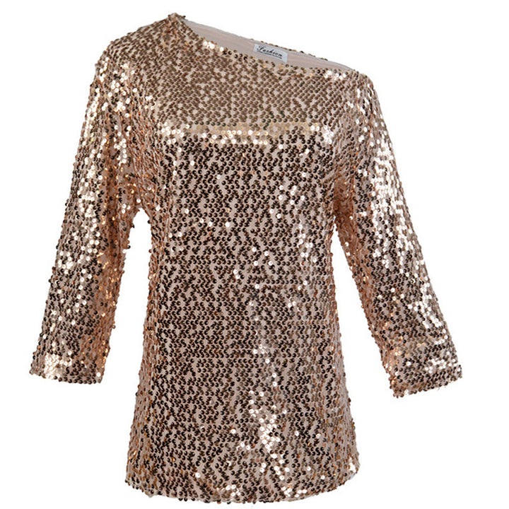 Women's Sparkling Top with Off-Shoulder Design and Sequin Trim