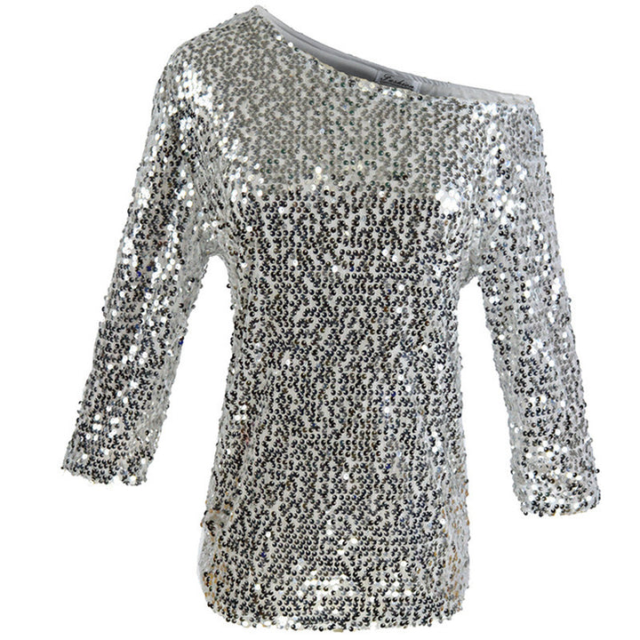 Women's Sparkling Top with Off-Shoulder Design and Sequin Trim