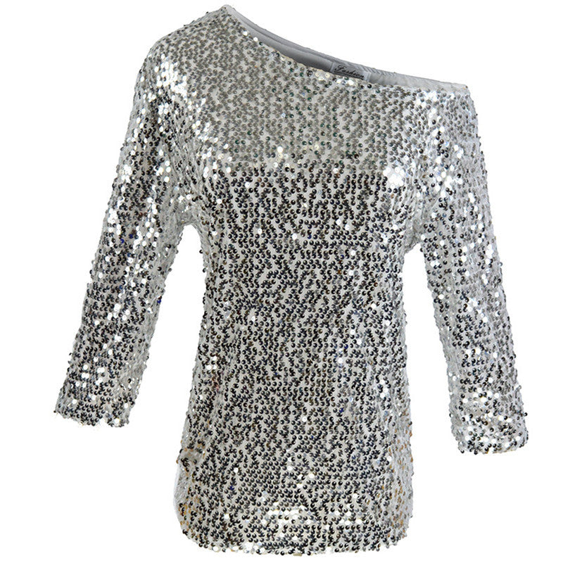 Women's Sparkling Top with Off-Shoulder Design and Sequin Trim