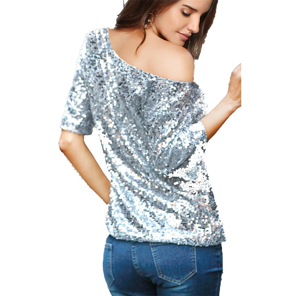 Women's Sparkling Top with Off-Shoulder Design and Sequin Trim