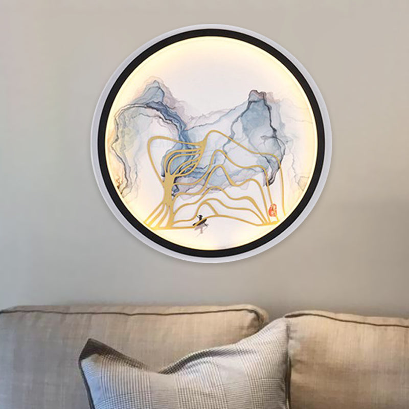 Skørter | Watercolor Mountains/Fish Mural Lighting Chinese Style Iron Bedroom LED Wall Lamp in White
