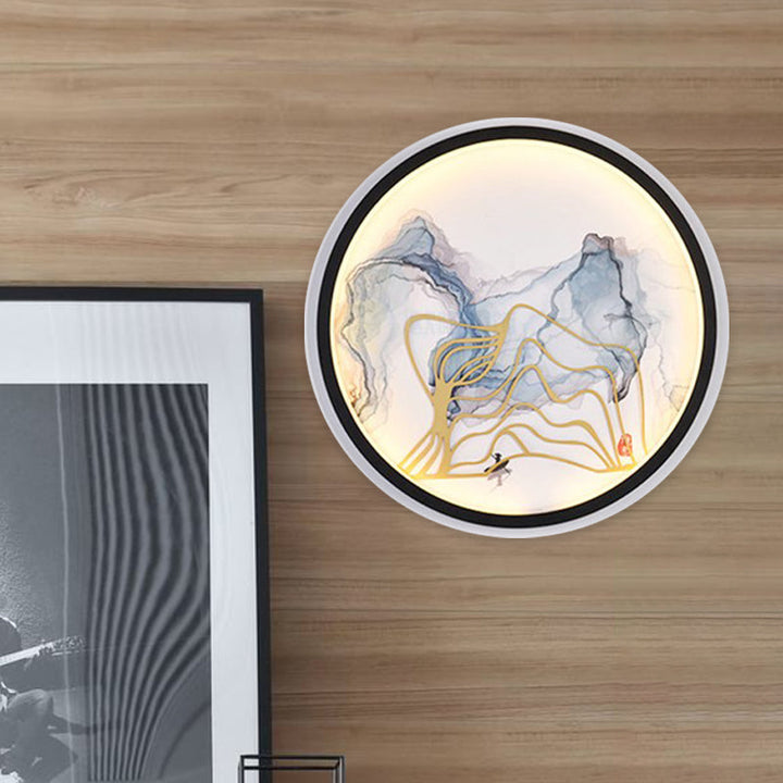 Skørter | Watercolor Mountains/Fish Mural Lighting Chinese Style Iron Bedroom LED Wall Lamp in White