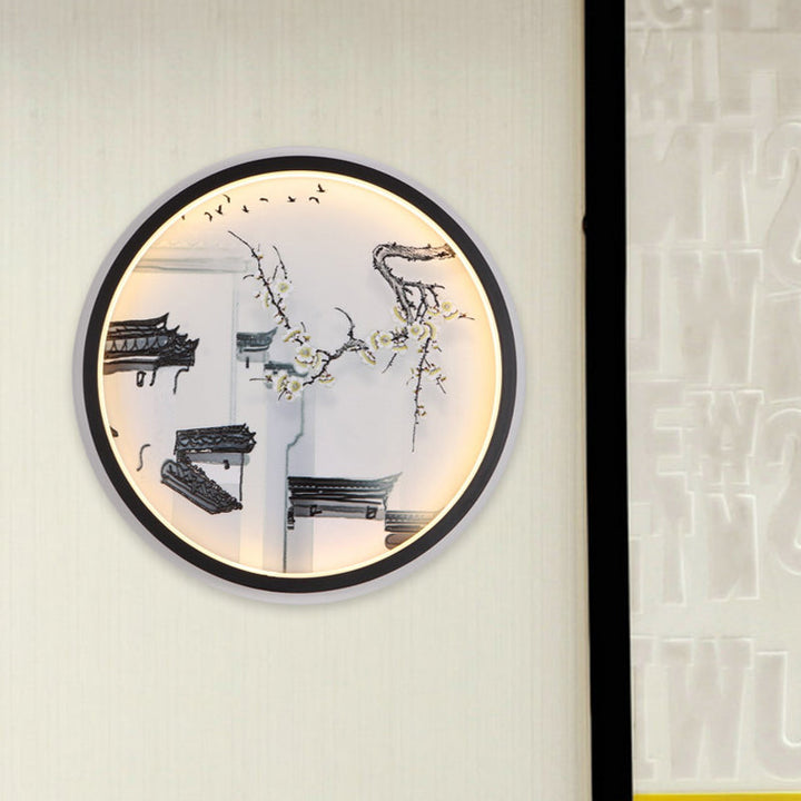 Skørter | Black-White Ancient Houses Mural Light Chinese LED Fabric Wall Lamp Sconces for Seating Area
